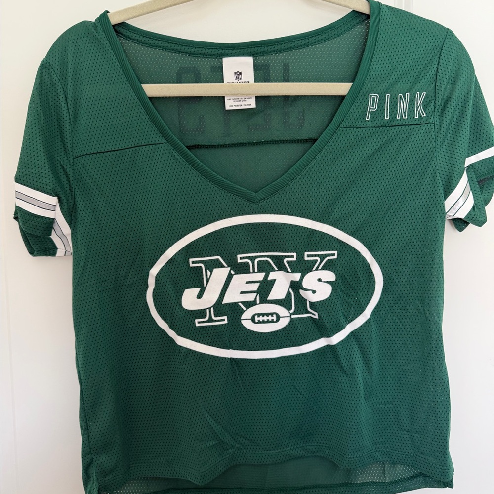 PINK Victoria's Secret Green & White New York Jets Mesh V-Neck Tee